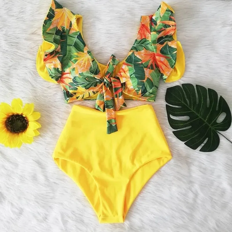 High Waist Ruffled Sexy Bikini Set 2022 Flounce Biquini Swimwear Women Two Pieces Swimsuit Floral Beachwear V-Neck Bathing Suit
