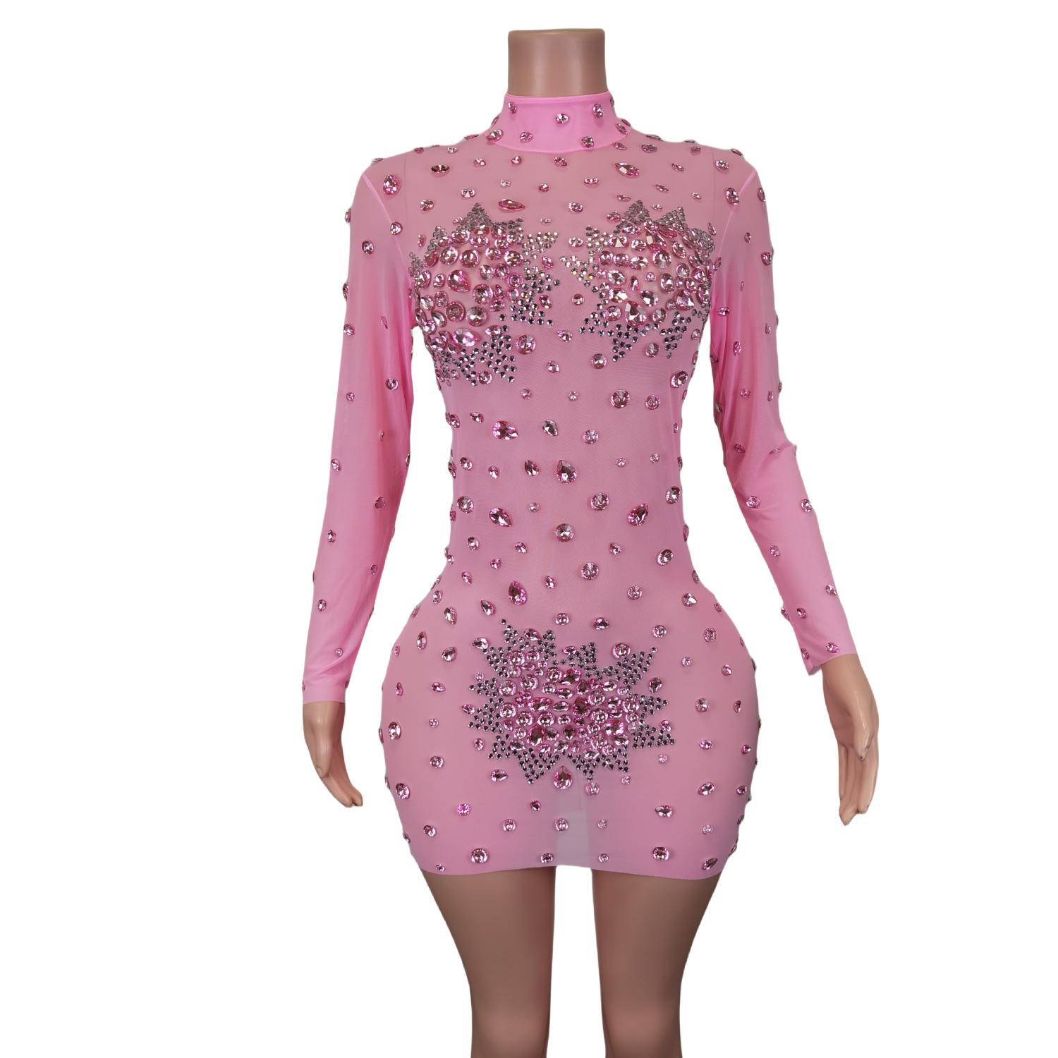 GOOSHOE Diamonds Stretch Short Dresses For Women Mesh Celebrate Prom Dress Guibin