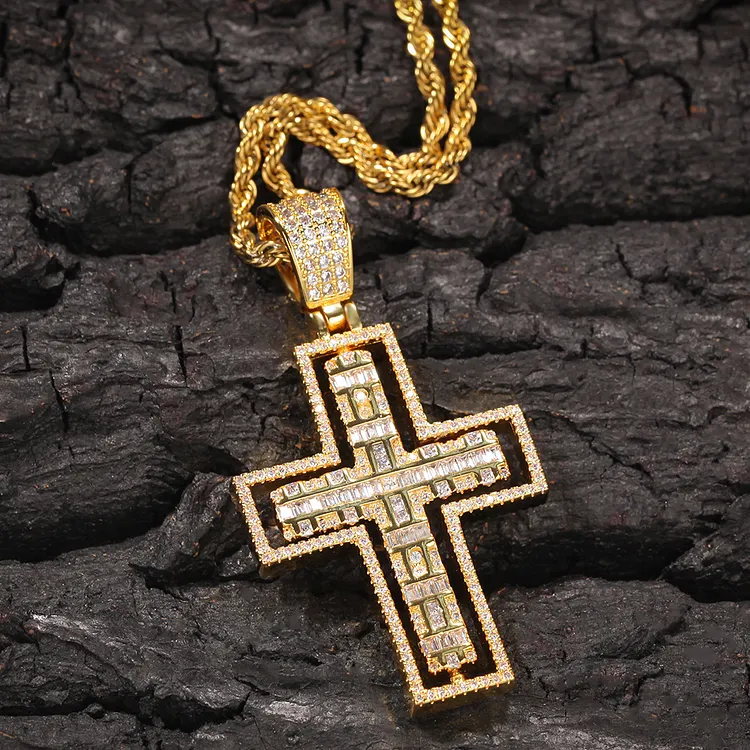Iced Out Rotatable Double Sided Cross Pendants Hip Hop Bling Bling Necklaces