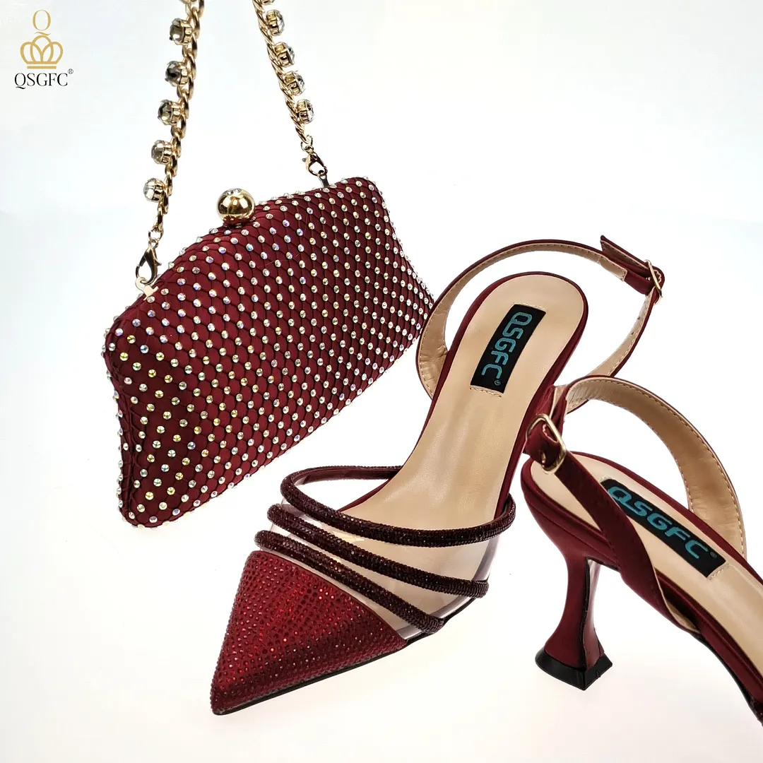 QSGFC2022 Fashion Shiny Full Diamond Decoration In Nigeria Elegant Orange Color Ladies Shoes and Bag For Party Wedding