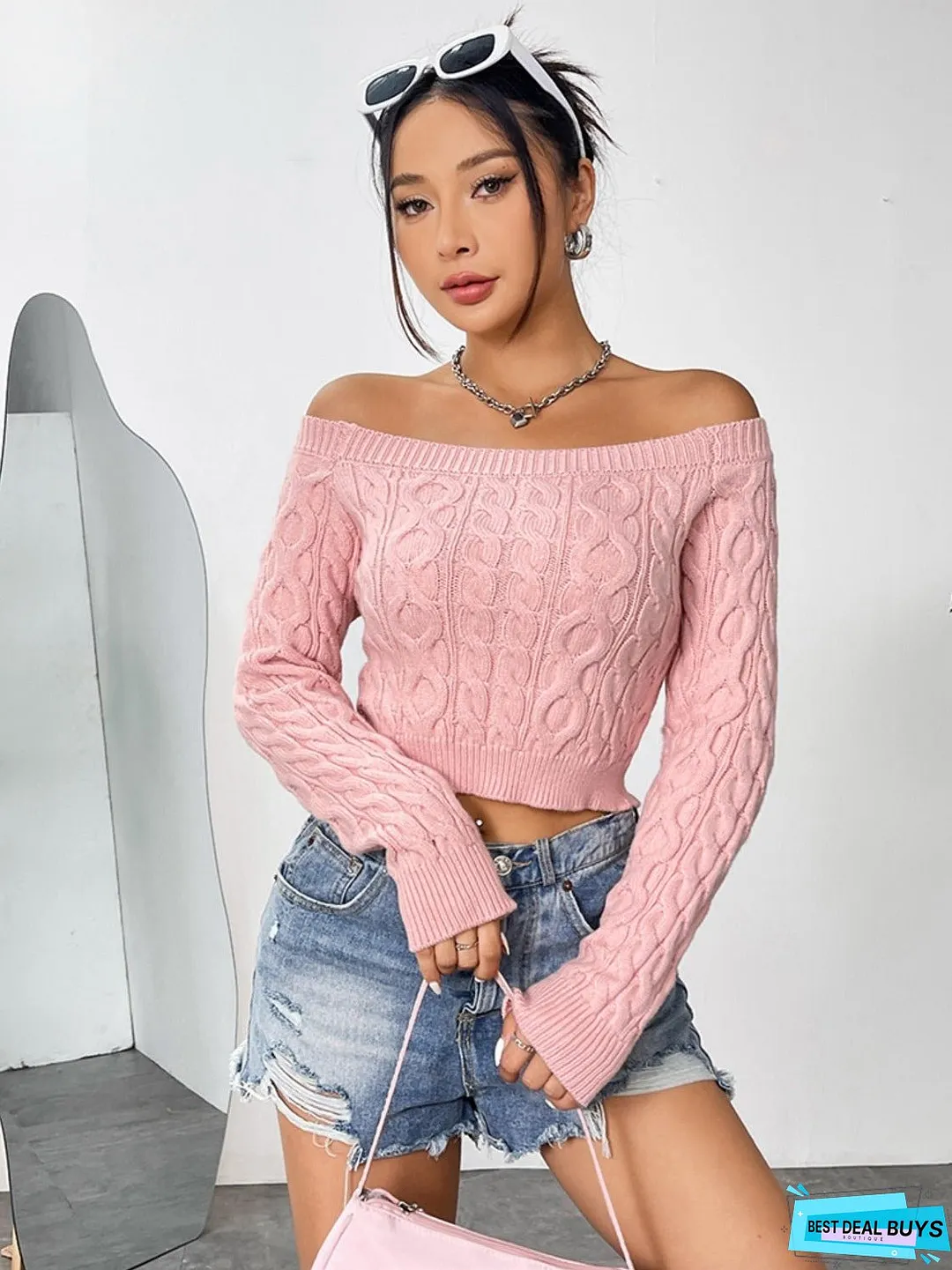 Cable-Knit Off-Shoulder Long Sleeve Knit Top