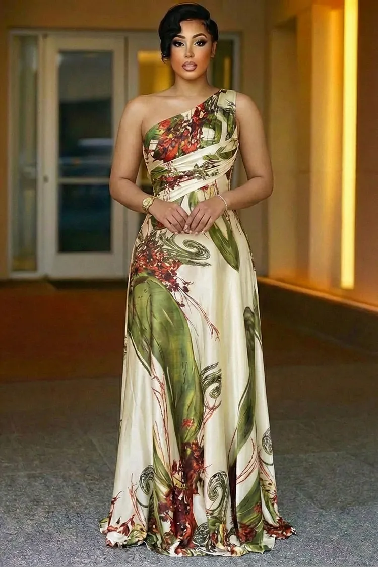 One Shoulder Cinch Waist Flower Print Party Maxi Dresses-Green One Shoulder Cinch Waist Flower Print Party Maxi Dresses-Green