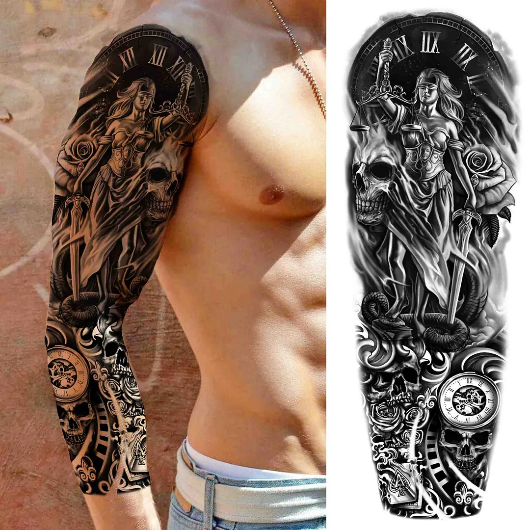 Tribal Totem Temporary Tattoo Sleeve For Men Women Adult Fake Flower Shoulder Tatoos Sticker Black Skull Tattoos Big Full Arm 1001 515