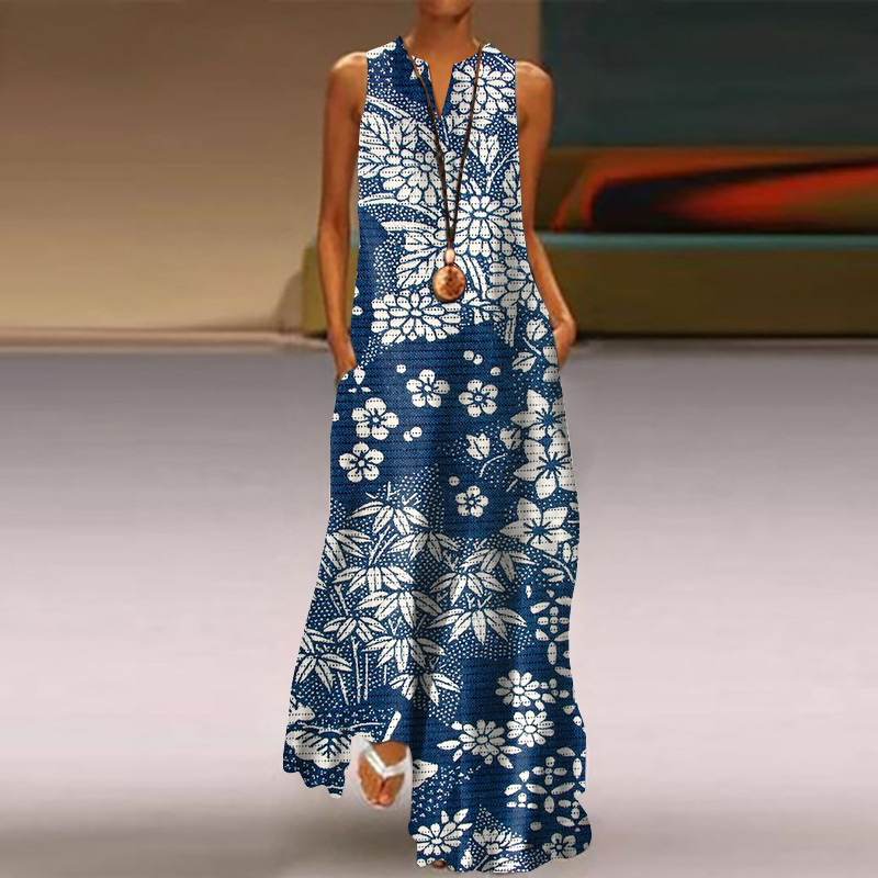 Vintage Japanese Art Flower Print V-Neck Sleeveless Maxi Dress artswardrobe