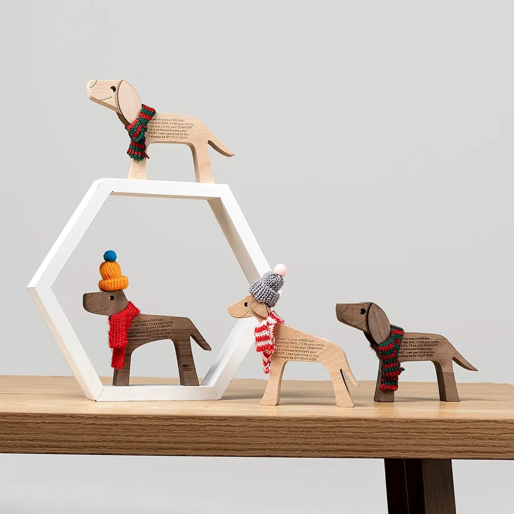 Puppy Family Wood Dog Carving Ornament Christmas Decoration Home Decor Figurine Desktop Table Sculptures For Dog Pet Lover Gifts