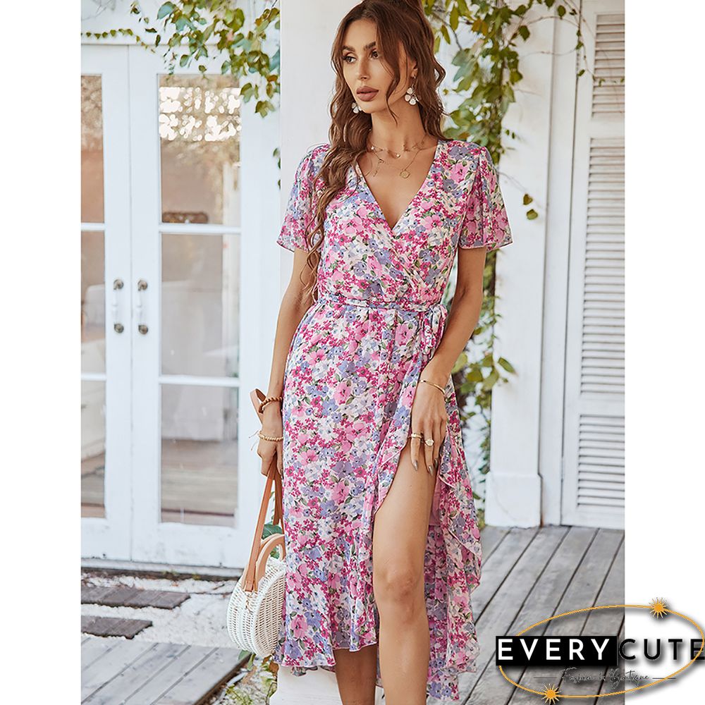 Pink Tie Waist Short Sleeve High Low Floral Dress