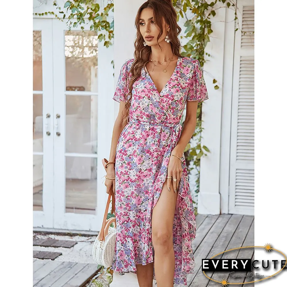 Pink Tie Waist Short Sleeve High Low Floral Dress