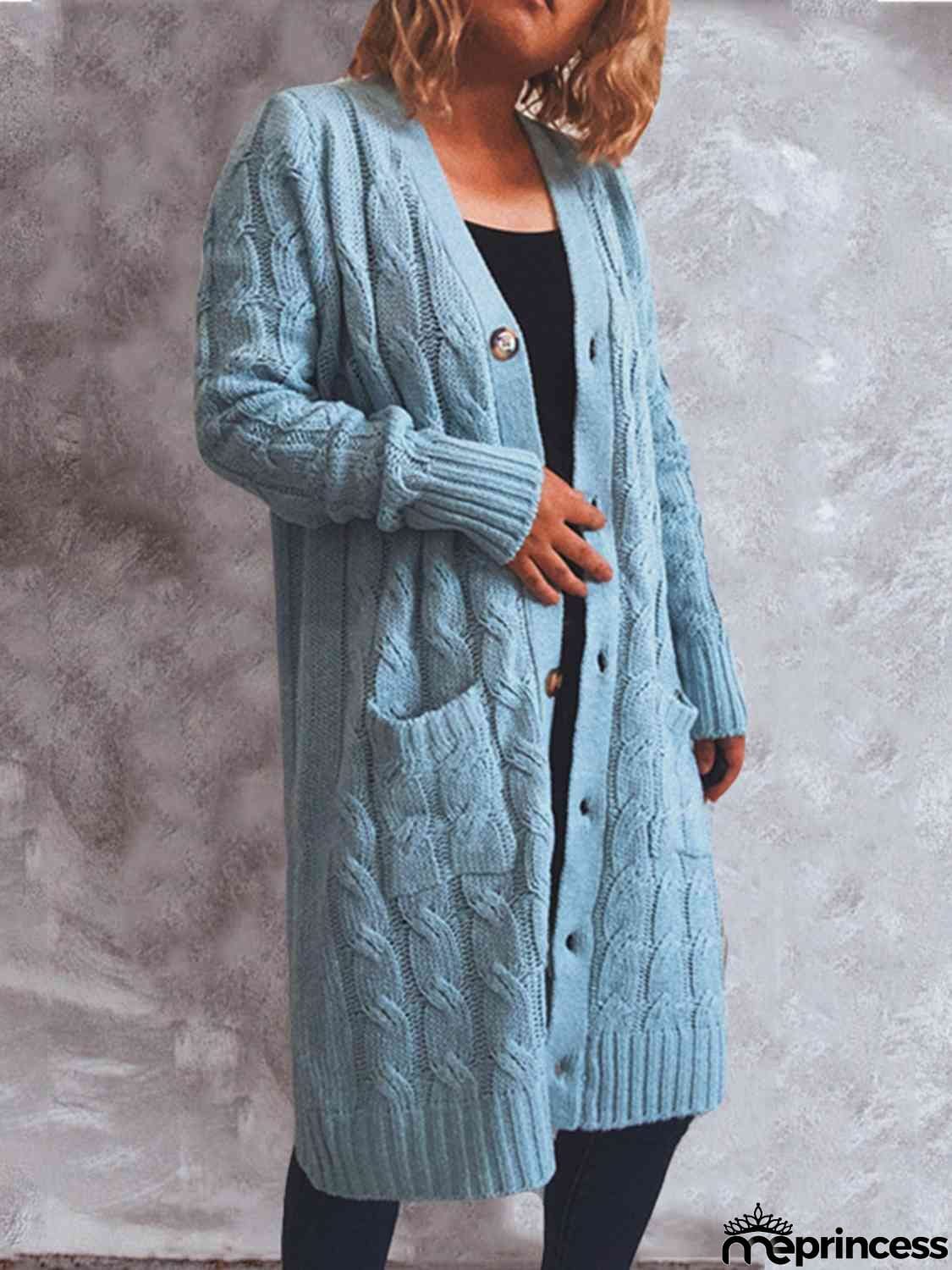 Button Up Cable-Knit Cardigan with Pockets