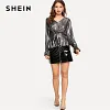 SHEIN Silver Knot Detail Ruffle Hem Metallic Womens Tops 2019 Spring Fashion V Neck Flounce Sleeve Glamorous Casual Solid Blouse