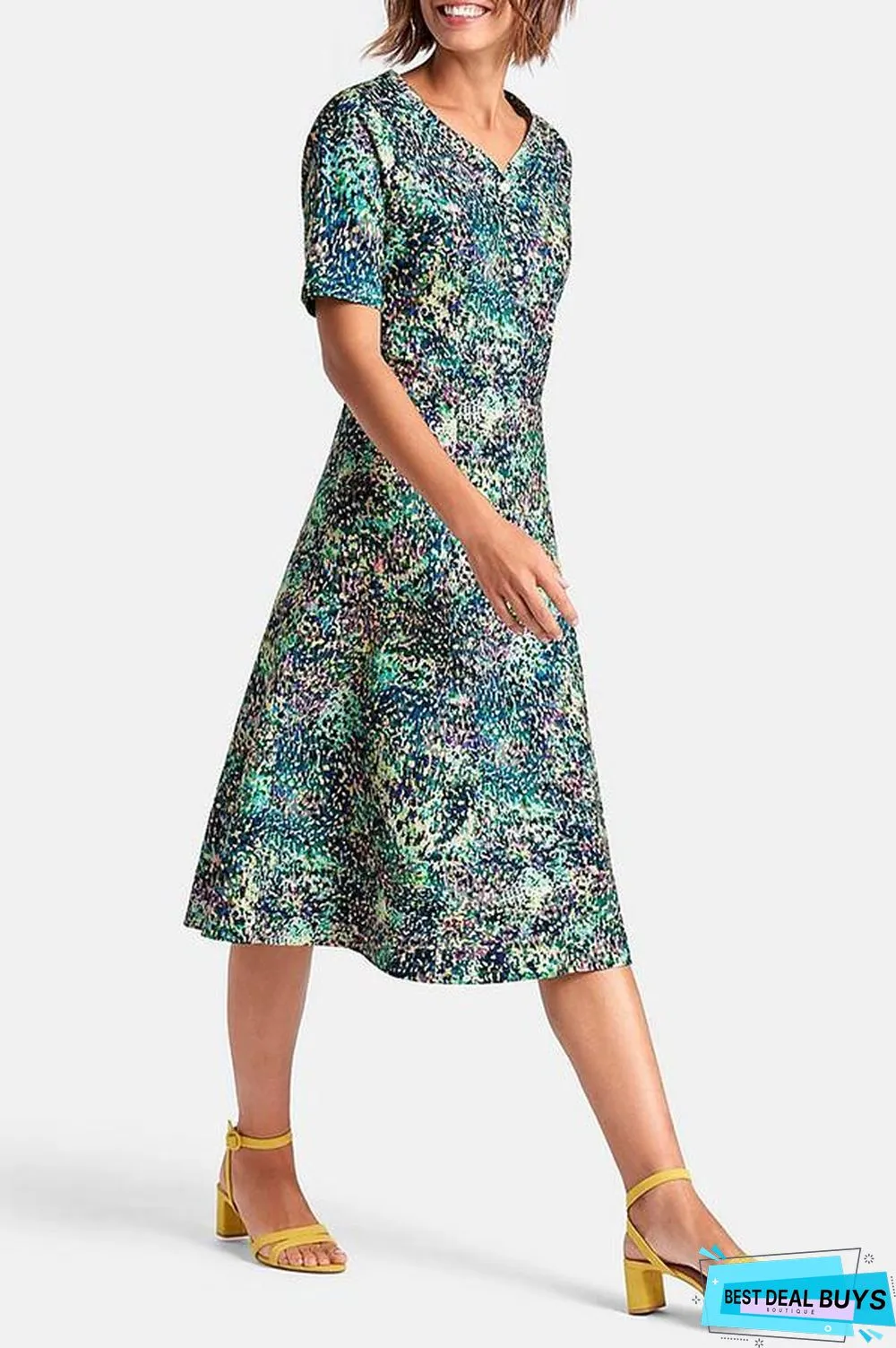 Vintage Print Buttoned V-Neck Paneled Midi Dress