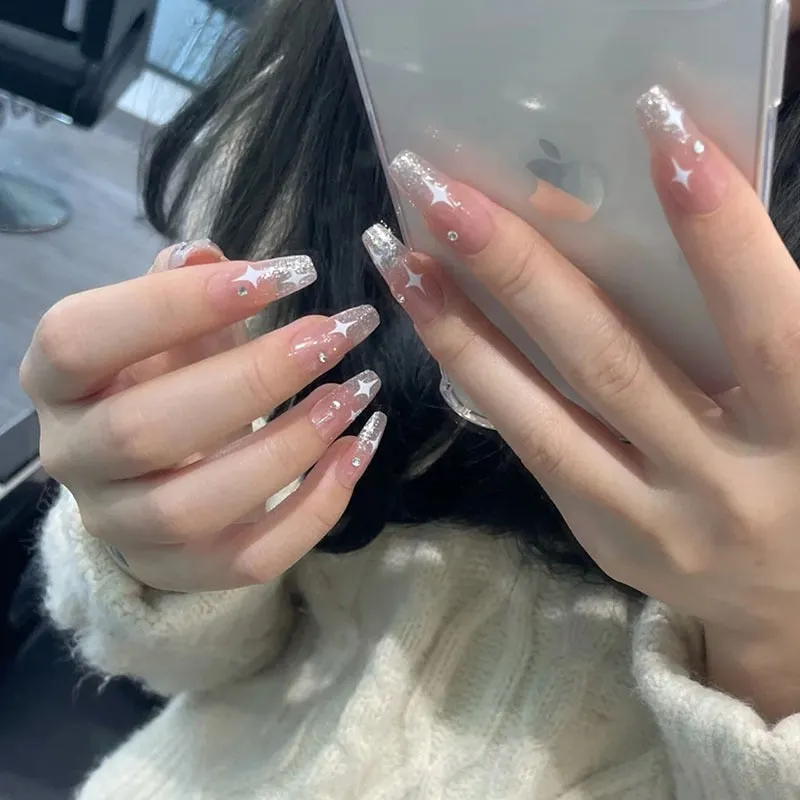24pcs Butterfly Nail Patch Glue Type Removable Long Paragraph Fashion Manicure Wearable False Nails Patch With Glue Fake Nails-Nail Inspo