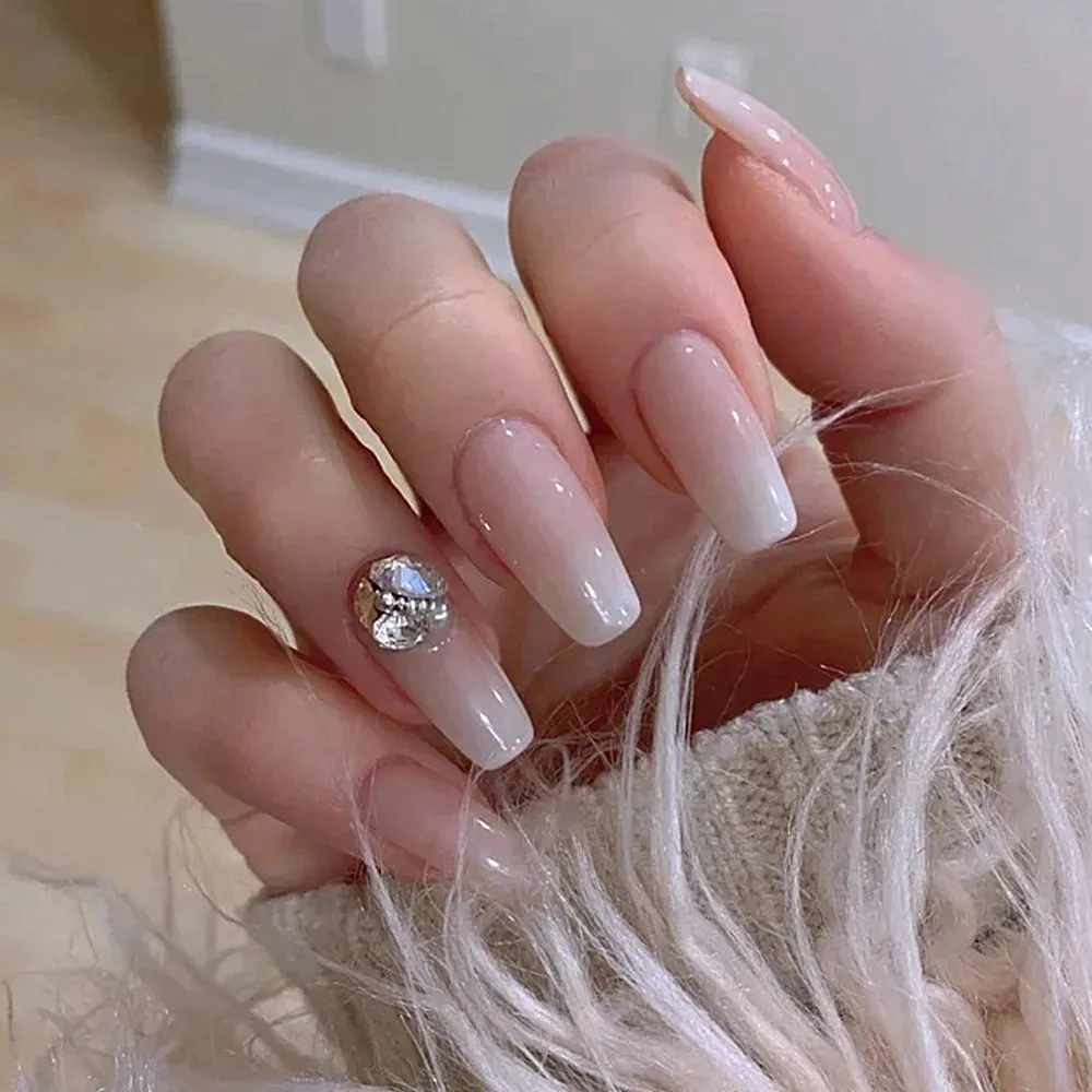 Luxury Fake Nails Designer Extra Long French Jewelry designed Nails Natural Stones Rhinestone Coffin False Nail Decoration Tips-Nail Inspo