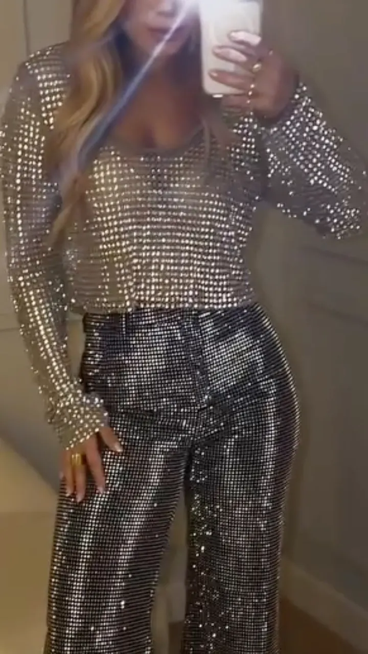 Silver Rhinestone Long Sleeve Top & High Waist Flare Pants Two Piece Set