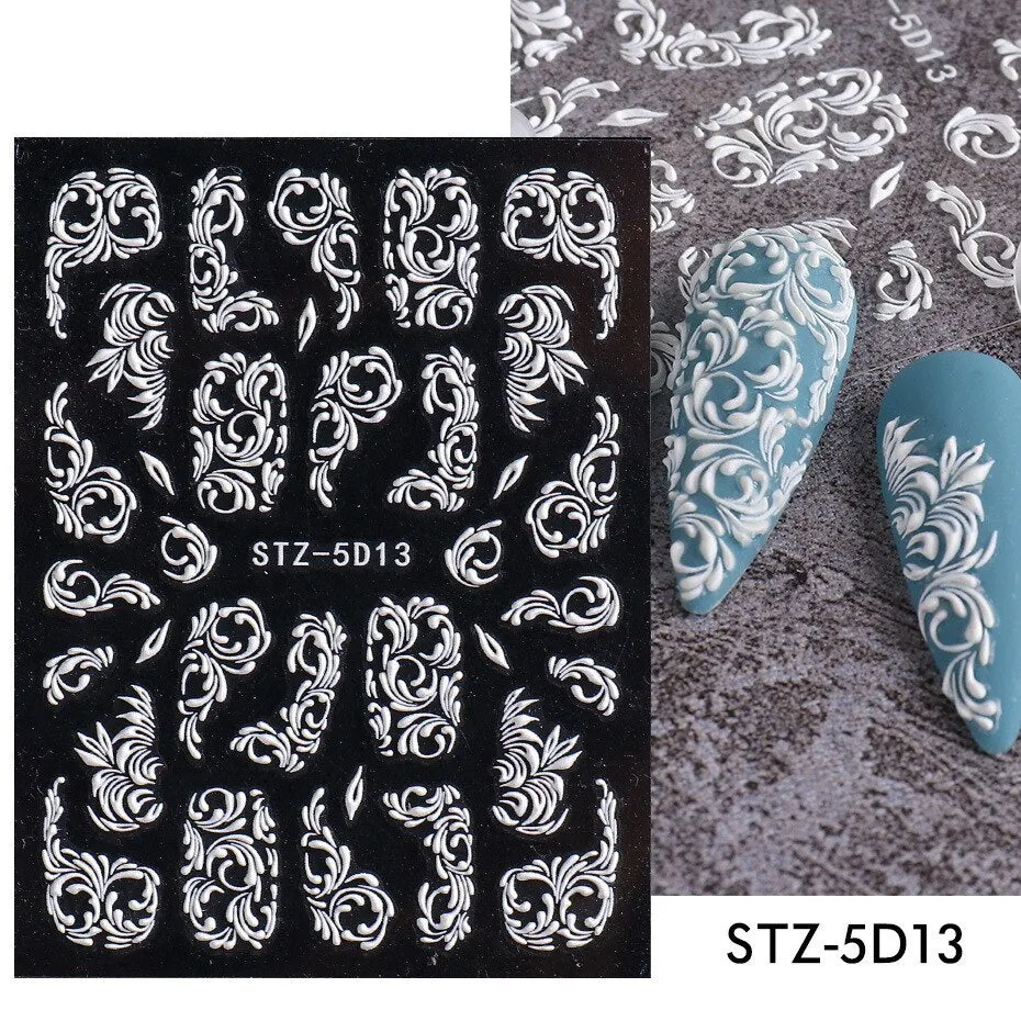 Nail Stickers Embossed 5D Elegant Carved Rose Pattern Designs Back Glue Nail Decals Tips For Beauty Salons-Nail Inspo