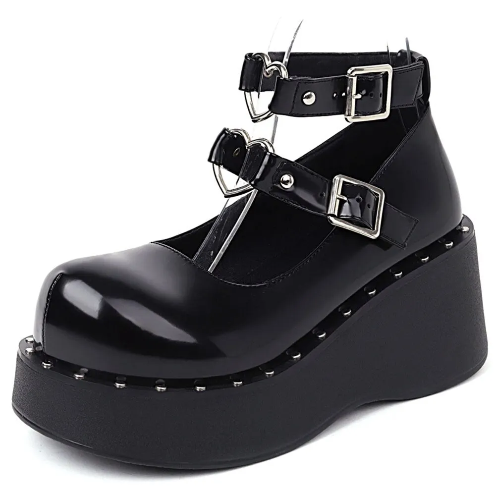 2021 Lovely Gothic Style Lolita Punk Cosplay Black Comfy Walking Wings Chunky Heels Platform Shoes Women Footwear Big Size 43