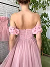 Dusty Rose Light Baby Pink Tulle Formal Gown 3D Floral Floor Length Maxi Off The Shoulder Special Occasion Dress High Leg Split Corset Ethereal Whimsical Cottagecore Fairy