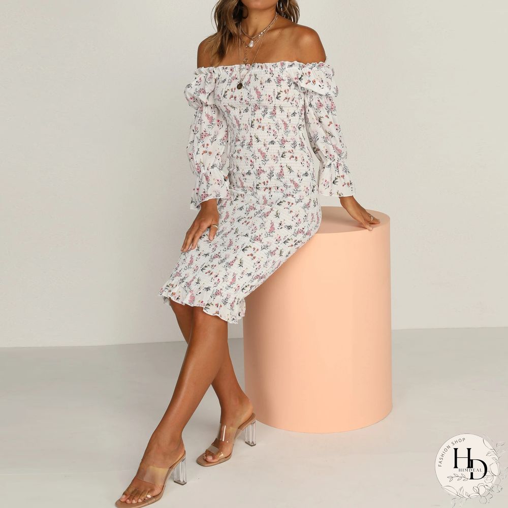 Fashion Strapless Printed Tight-Fitting Mid-Length Package Hip Skirt Spring And Summer Sweet Style
