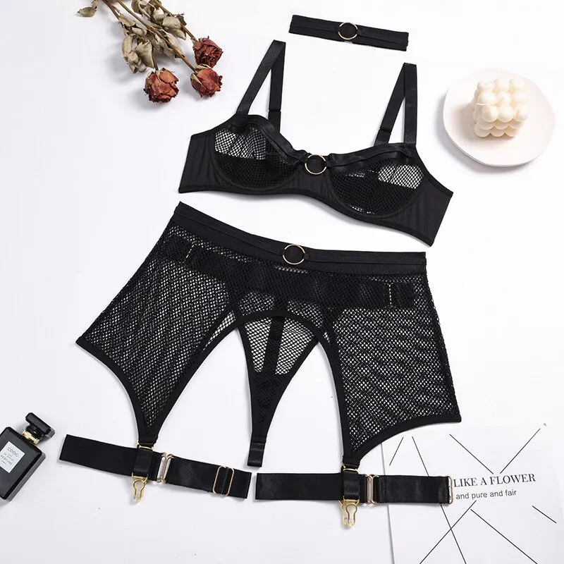 Billionm Lace Lingerie Set Women Black Push Up Bra and Panty with Garter Belt Bralette See Through Sexy Lenceria Underwear Set Femme Sex