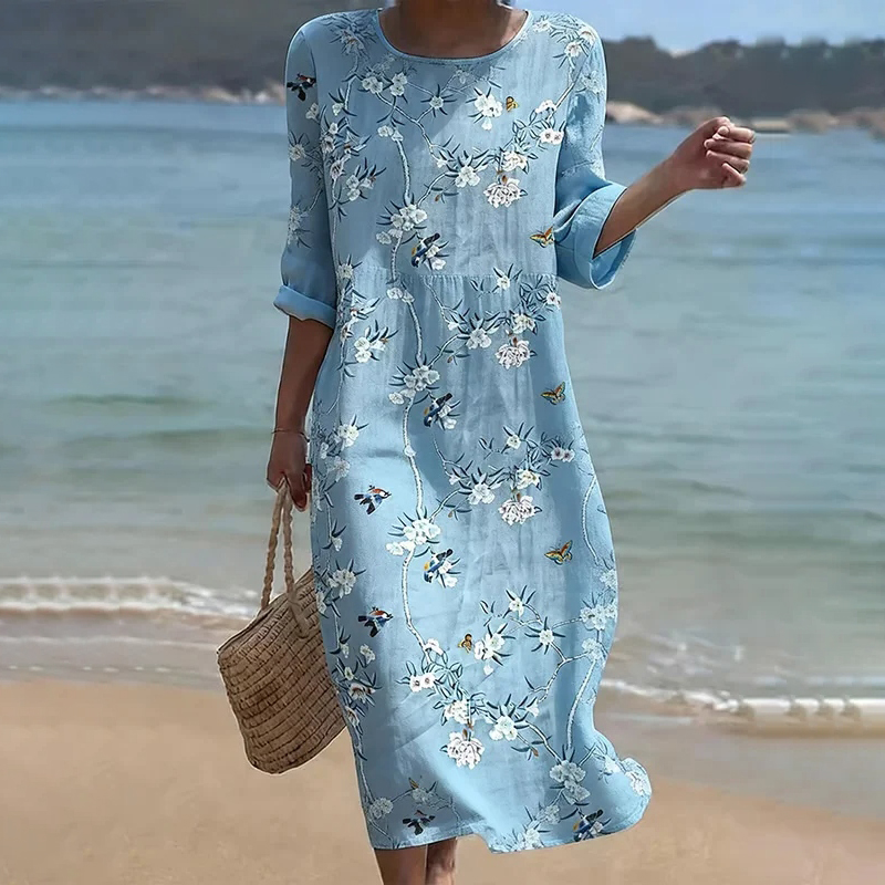 Women's Vintage Floral Print Round Neck Linen Blend Casual Midi Dress elevenforest