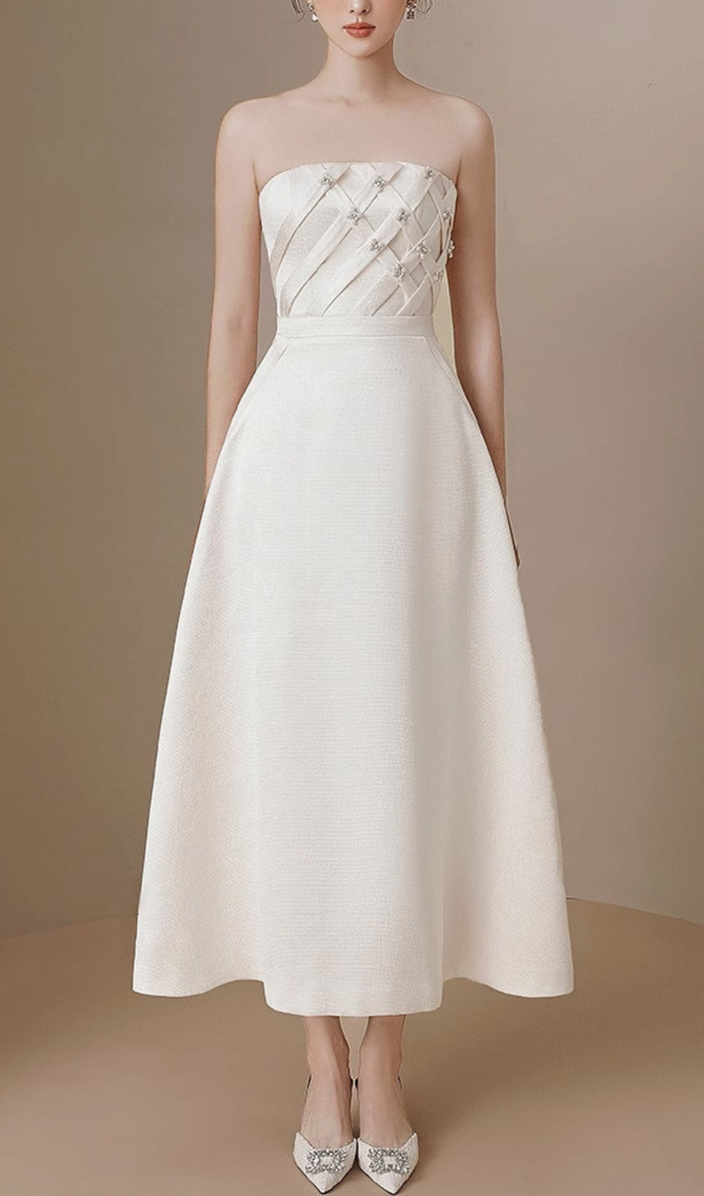 Ayah White Strapless Pearl Midi Dress Flowering Girl