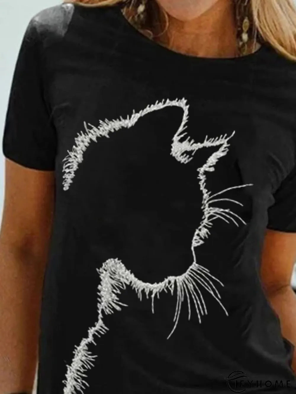Cat Short Sleeve Round Neck Printed Top T-shirt | IFYHOME