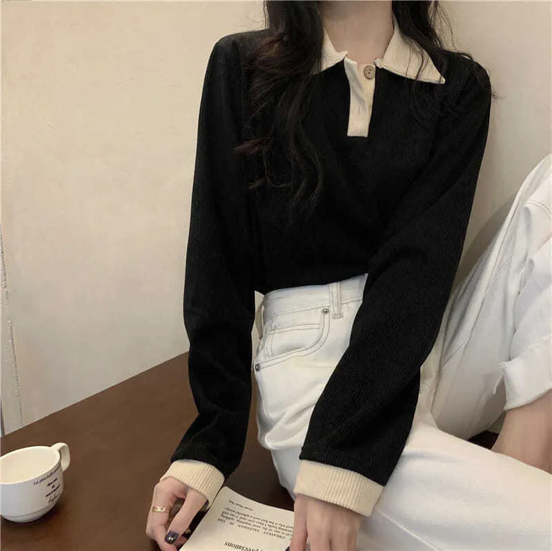 Brownm Brownm 2023 New Thin Lapel POLO Long-Sleeved T-Shirt Women's Versatile Show Thin Ins With Student Top Fashion