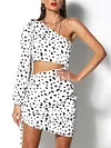 Stylish Polka-Dot Pleated Asymmetric Long Sleeves Shirts+Skirt  Two Pieces Set