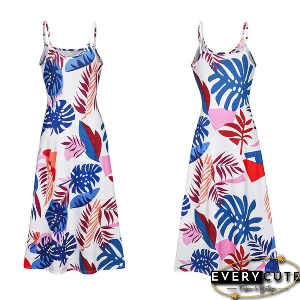 Women's Fashion Summer Sleeveless Floral Printing Sling Dress Deep V-Neck Slim Fit Big Swing Skirts Loose Casual Long Maxi Dresses Ladies Plus Size Party Dresses