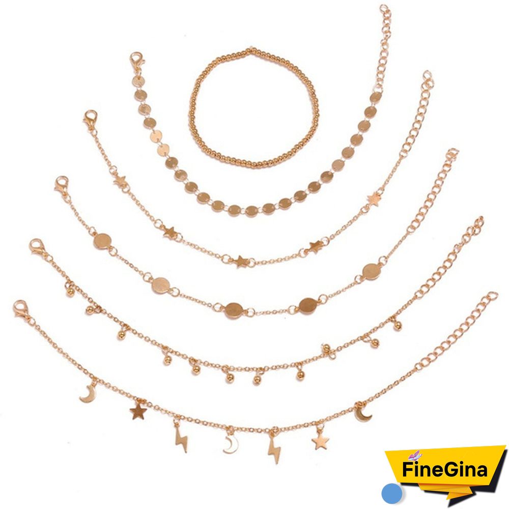 6 Pcs/Set Vintage Gold Color Anklet Women Lightning Star Moon Sequins Bracelet Boho Ankle Bracelet Foot Jewelry