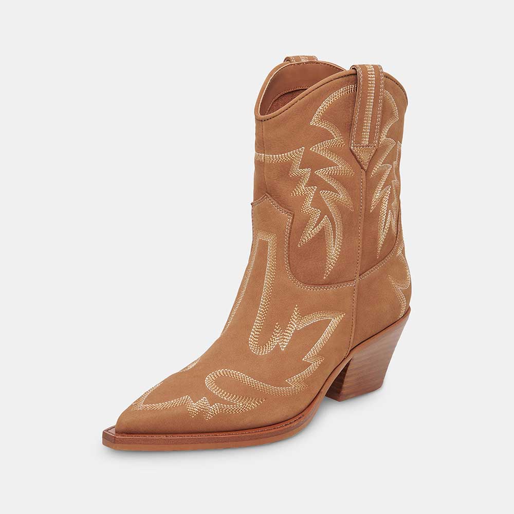 Brown Faux Suede Snip Toe Embroidered Block Heel Western Booties
