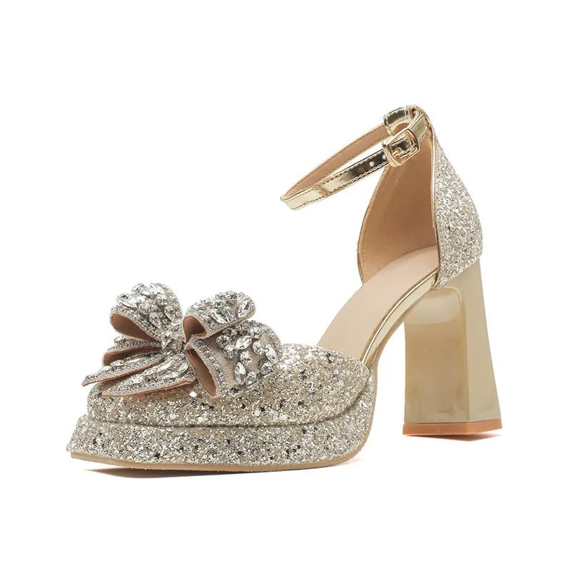 Churchf Churchf Waterproof Platform Thick With A Word Button Mary Jane High Heels Sequins Hollow Wedding Shoes Bridesmaid Shoes Single Shoes Women