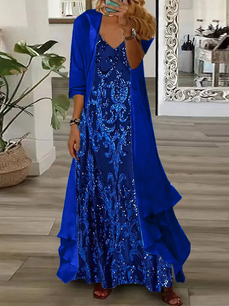 Women's Long Sleeve V-Neck Gradient Printed Graphic Two Piece Suit Maxi Dress