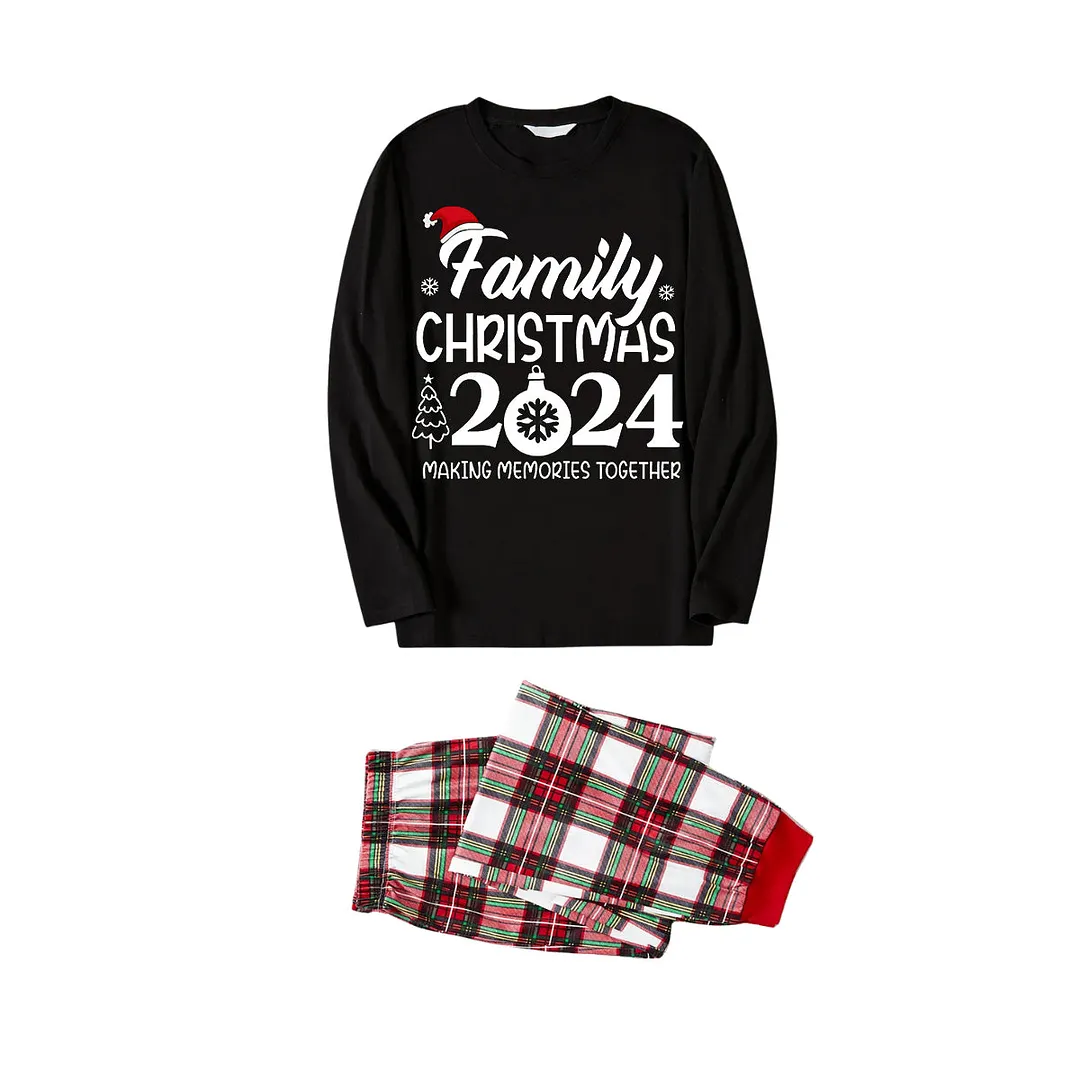 "Family Christmas 2024 Making Memories Together" Text and Santa Hat Printed Red and White Plaid Matching Pajamas