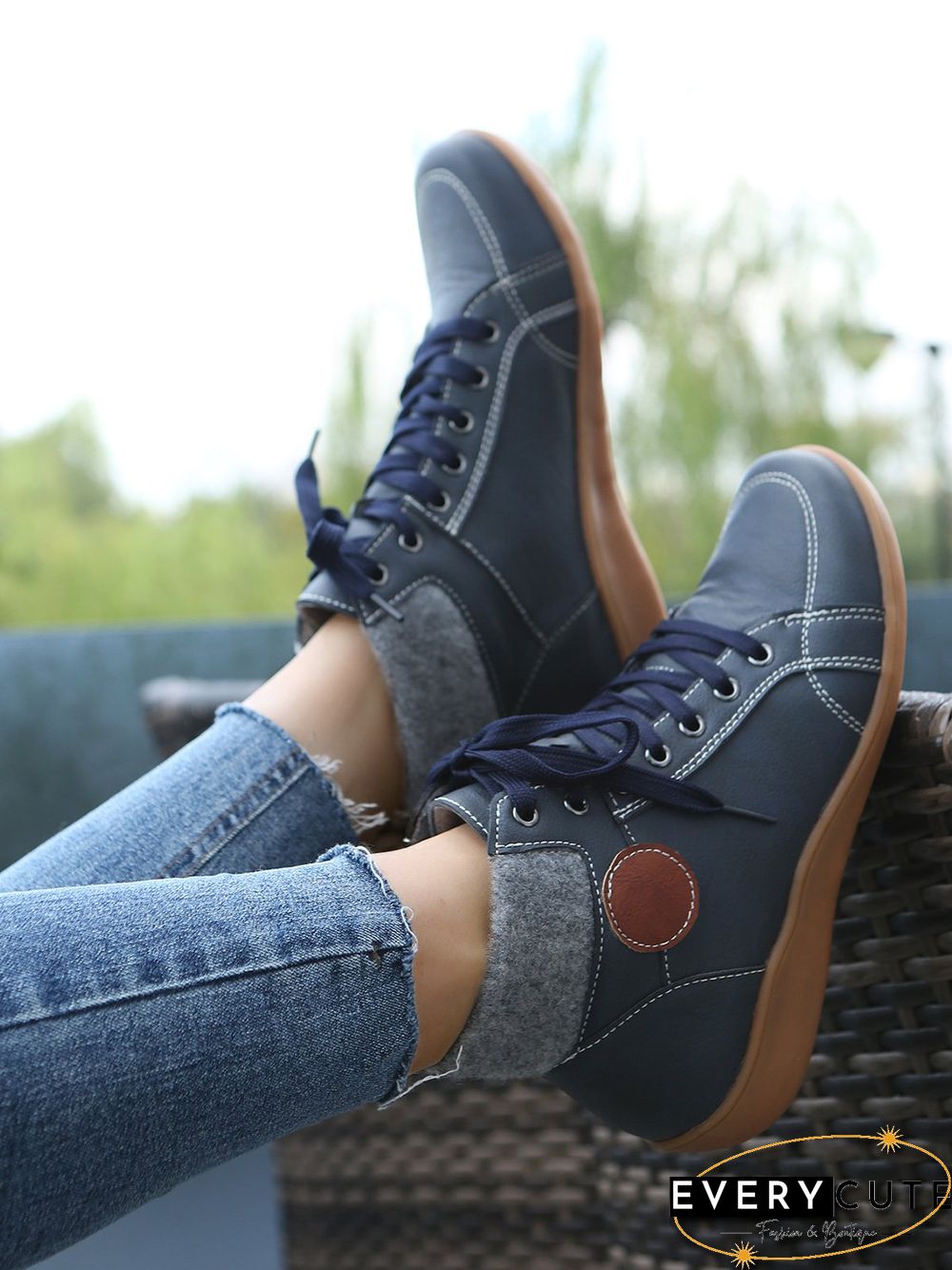 PU Leather Suede Panel Casual Short Boots