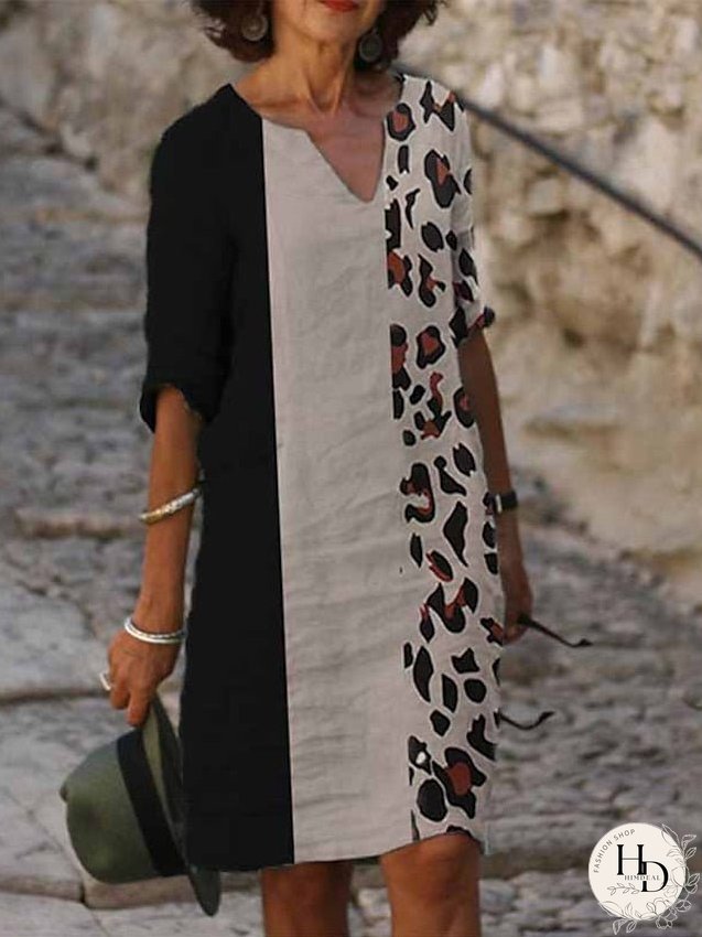 Casual Dress Ethnic Dress Shift Dress Midi Dress Leopard Black White Half Sleeve Floral Print Summer Spring V Neck Basic Daily Vacation Weekend S M L XL XXL 3XL for Women