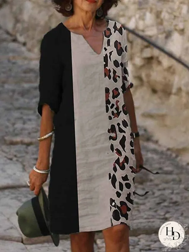 Casual Dress Ethnic Dress Shift Dress Midi Dress Leopard Black White Half Sleeve Floral Print Summer Spring V Neck Basic Daily Vacation Weekend S M L XL XXL 3XL for Women