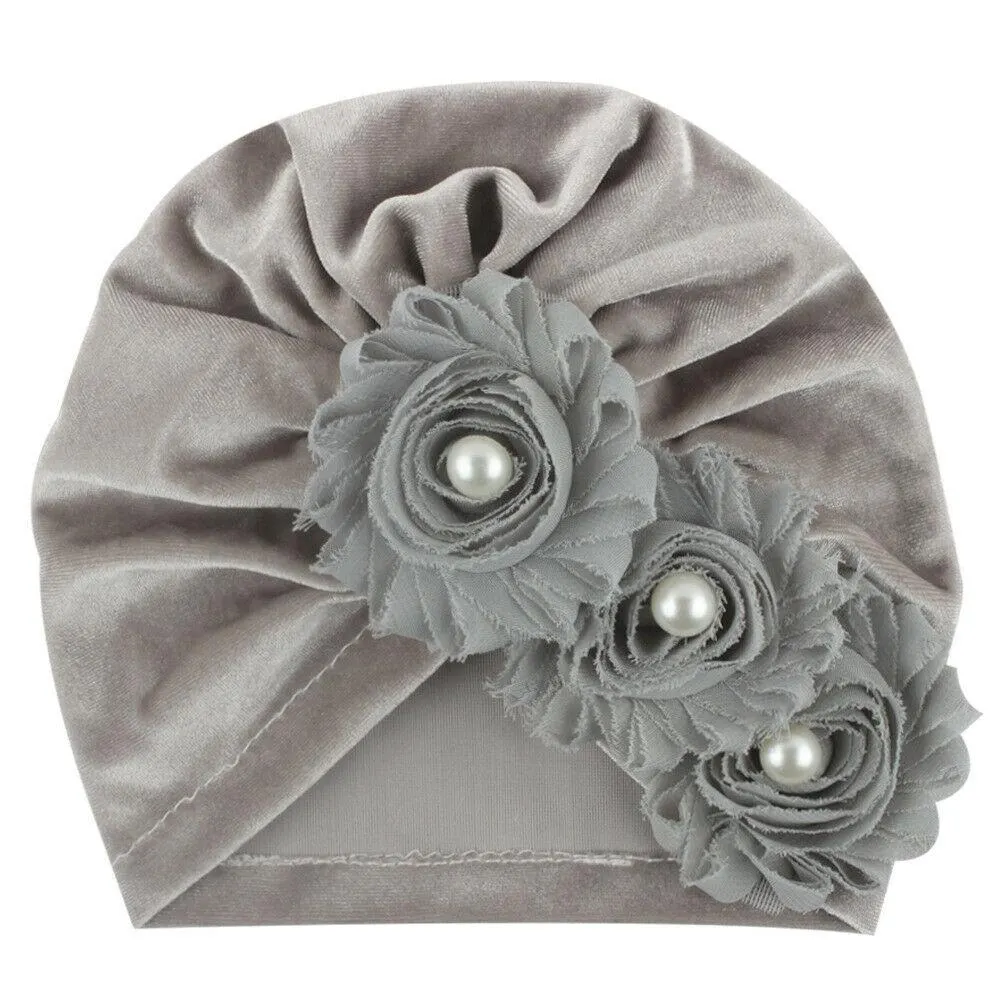 2019 Baby Accessories Newborn Infant Kids Baby Boy Girl Indian Turban Twist Knot Velvet Beanie Hat Pearl Flower Solid Soft Cap