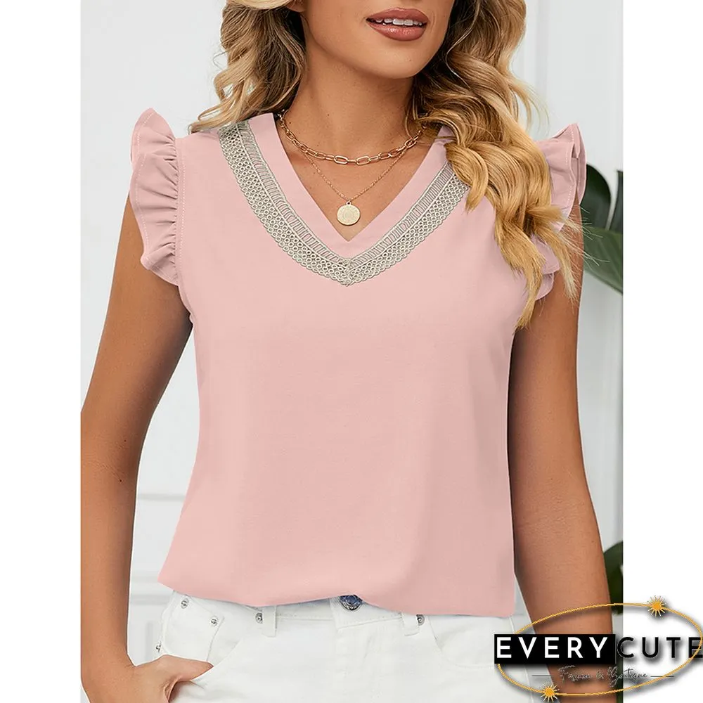Pink Lace Trim Contrast Ruffle Short Sleeve Tops