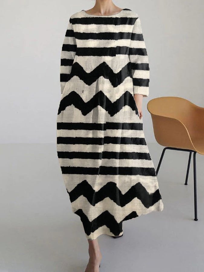 Women'S Abstract Stripes Cotton Linen Print Maxi Dress
