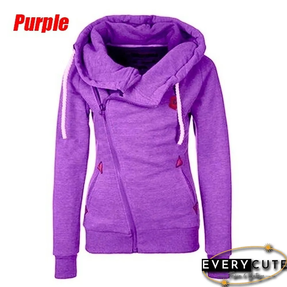 New Fashion Winter Woman Sports Personality Side Zipper Hooded Sweatshirt Candy Colored Sweater Coat
