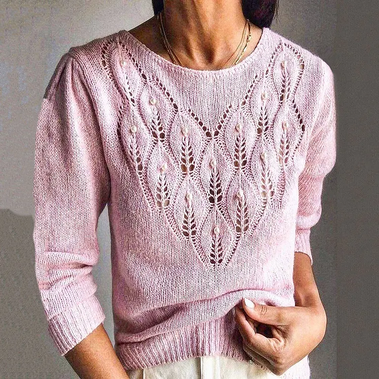 Pink Awareness Christmas Jacquard Pearls Embroidery Cozy Knit Sweater