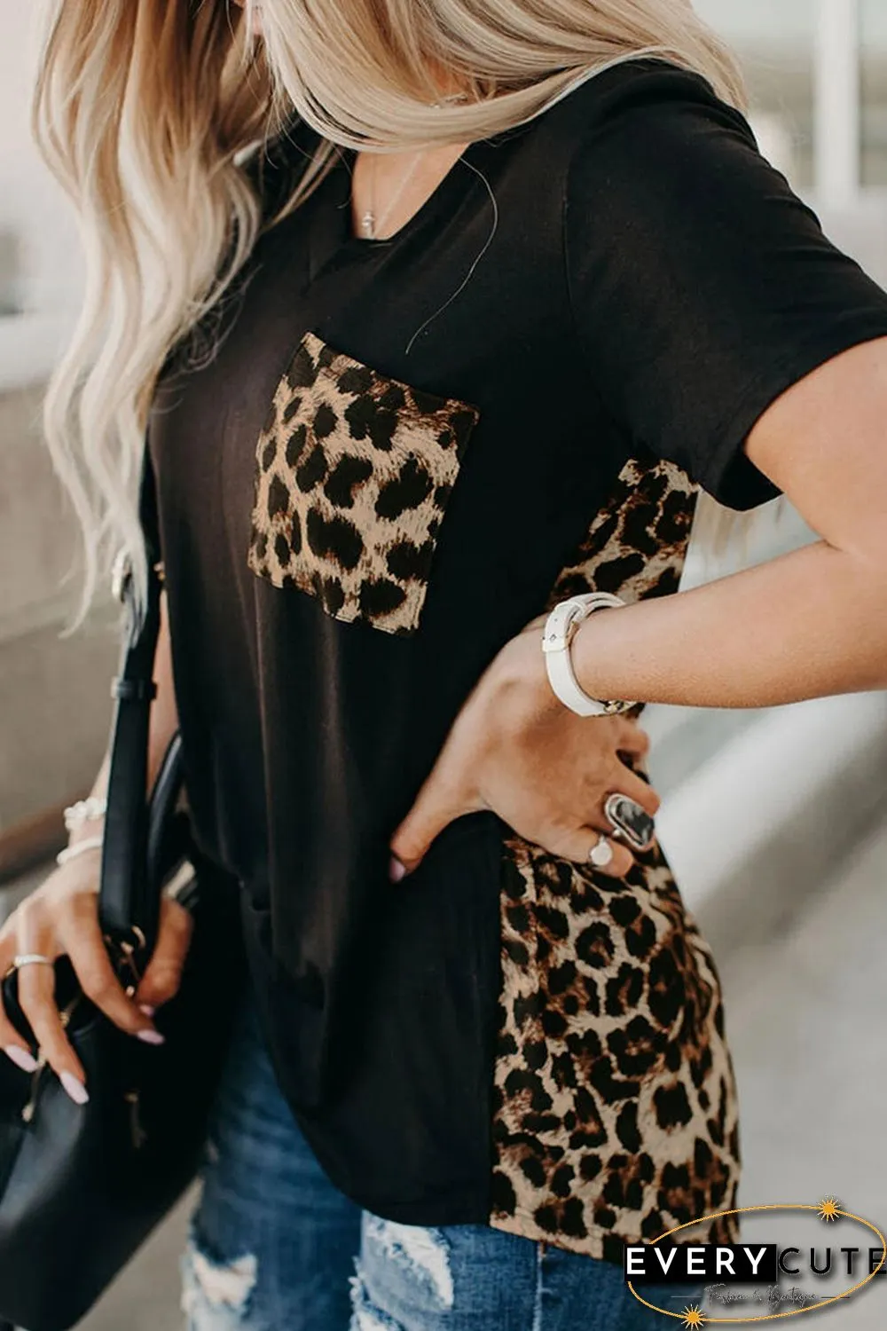Leopard Printed Splicing T-Shirt