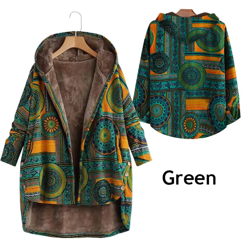 2021 Women Winter Long Hooded Pockets Oversized Floral Printed Loose Casual Jackets Button Comfort Long Sleeve Parkas Coats