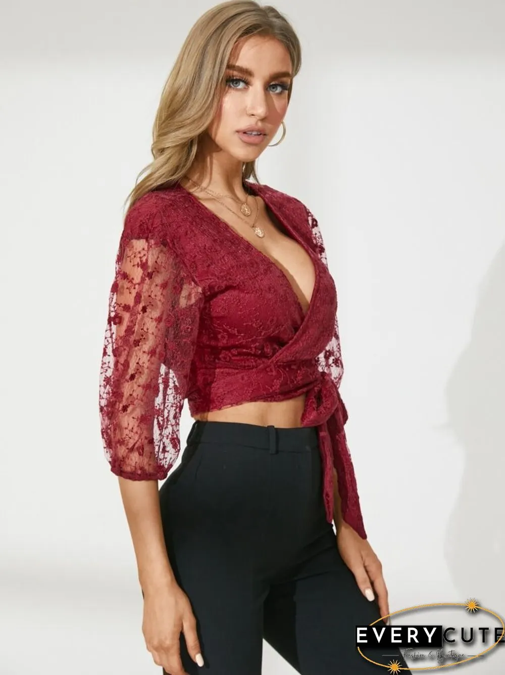 Lace Solid Tie V-neck 3\/4 Sleeve Crop Top For Women