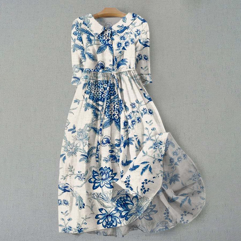 Elegant Floral Design Print Lace-up Casual Midi Dress artswardrobe