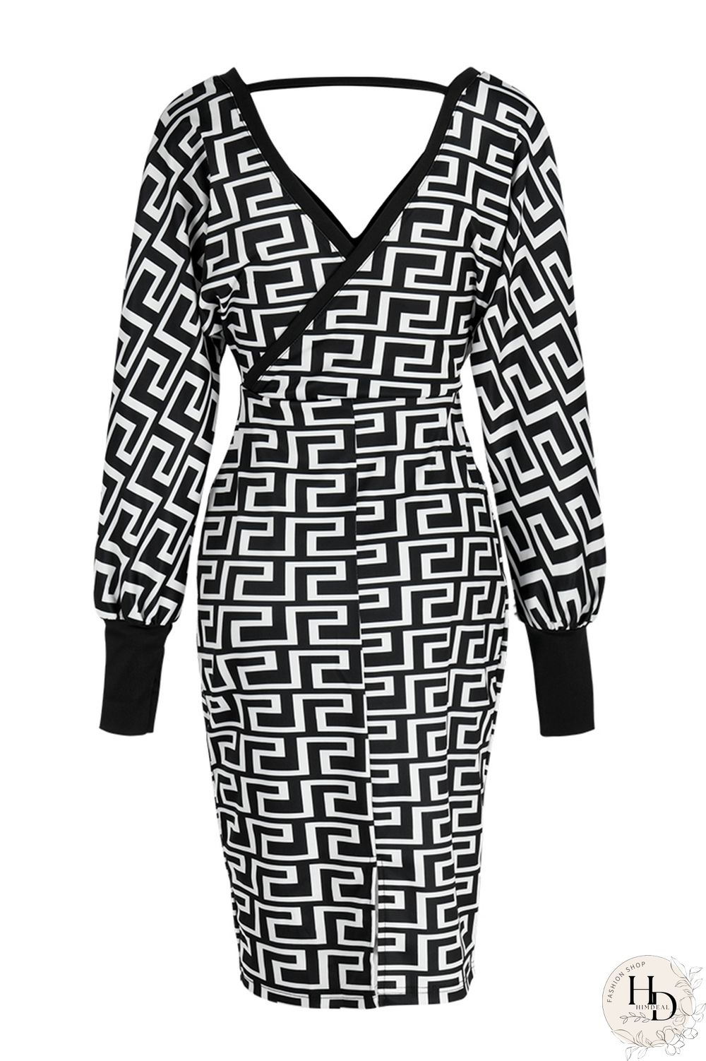 Black khaki Fashion Casual Print Patchwork V Neck Long Sleeve Dresses
