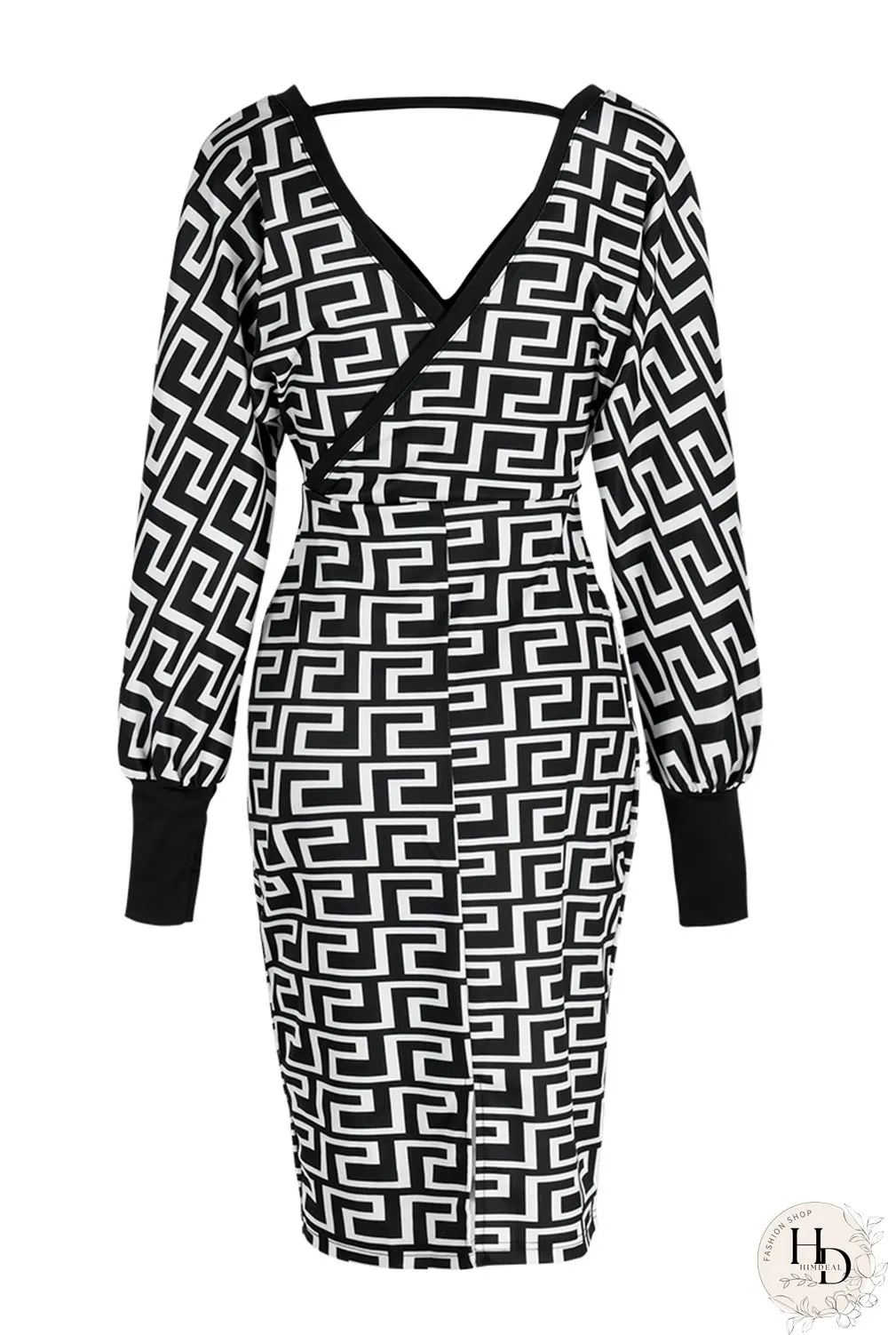 Black khaki Fashion Casual Print Patchwork V Neck Long Sleeve Dresses