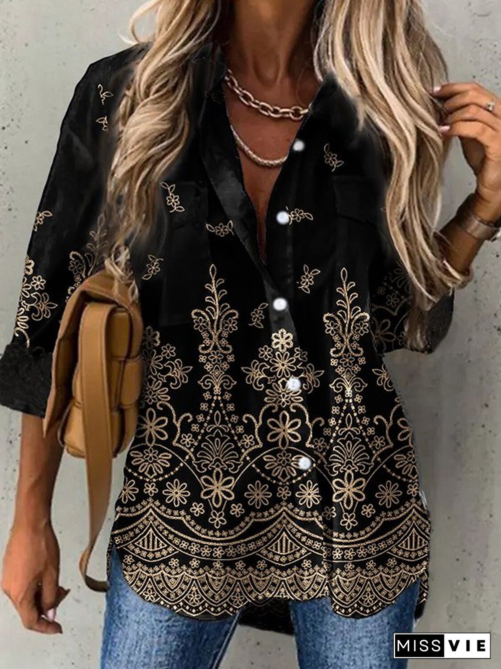 Women Casual Ethnic Autumn Polyester Lightweight Regular H-Line Shirt Collar Regular Size Blouse