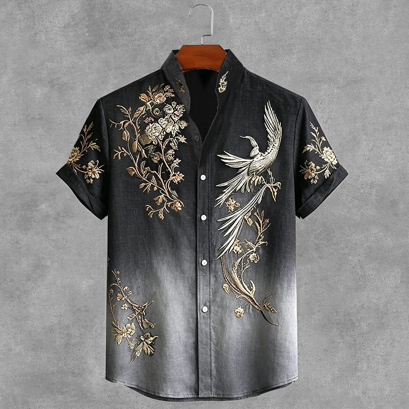 Men's Japanese Floral And Bird Gradient Print Short Sleeve Shirt elevenforest