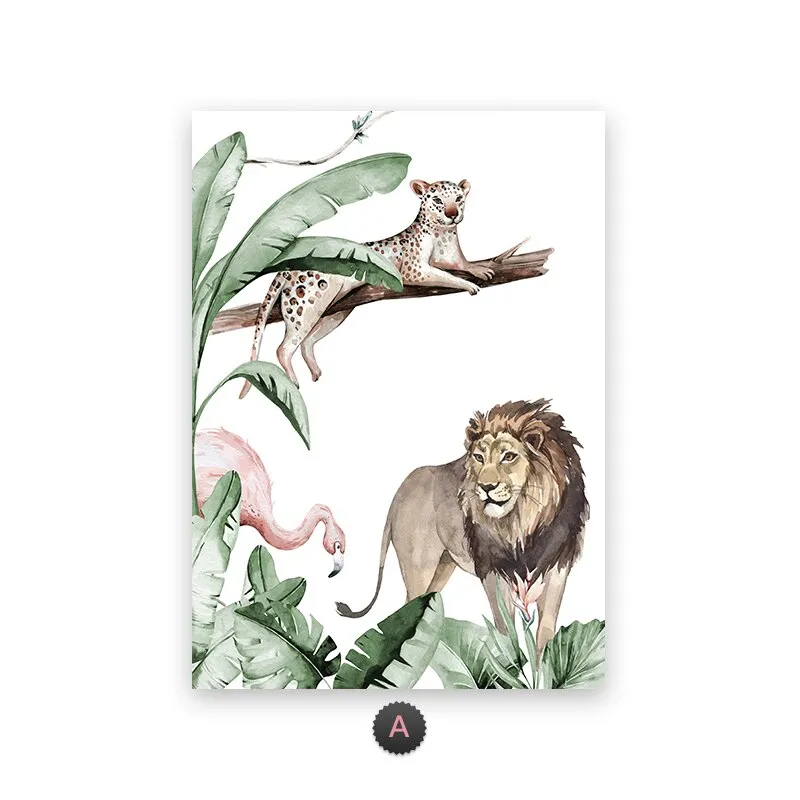 Cartoon Tropical Rainforest Animals Painting Elephant Giraffe Nordic Plant Wall Painitng Canvas Kids Baby Bedroom Decoration